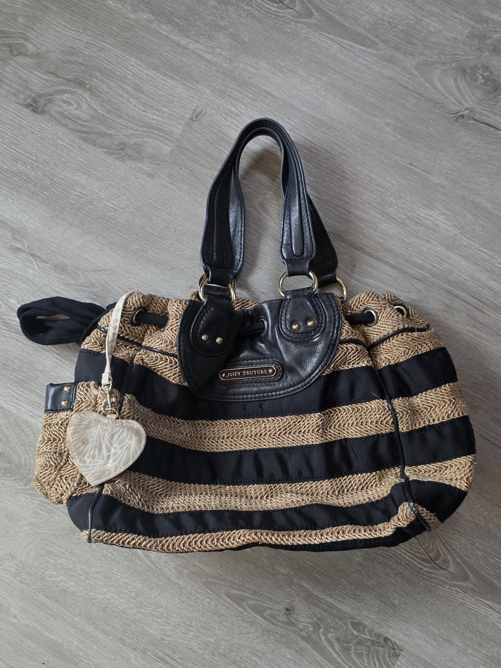 Juicy Couture Black and Tan Striped Tote Bag Y2K